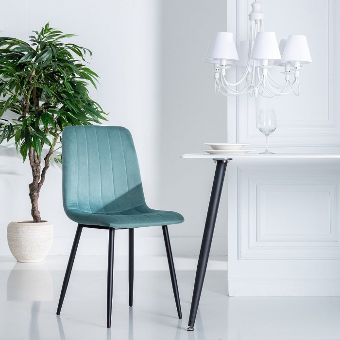 Scaune aquamarine din catifea cu spătar înalt și cusături verticale – set 4 bucăți [2]
