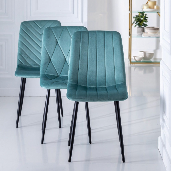 Scaune aquamarine din catifea cu spătar înalt și cusături verticale – set 4 bucăți [3]