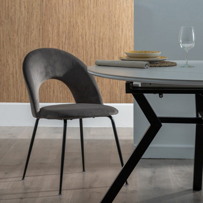 Scaune catifea gri închis cu picioare metalice negre – set 4 bucăți, stil modern [2]