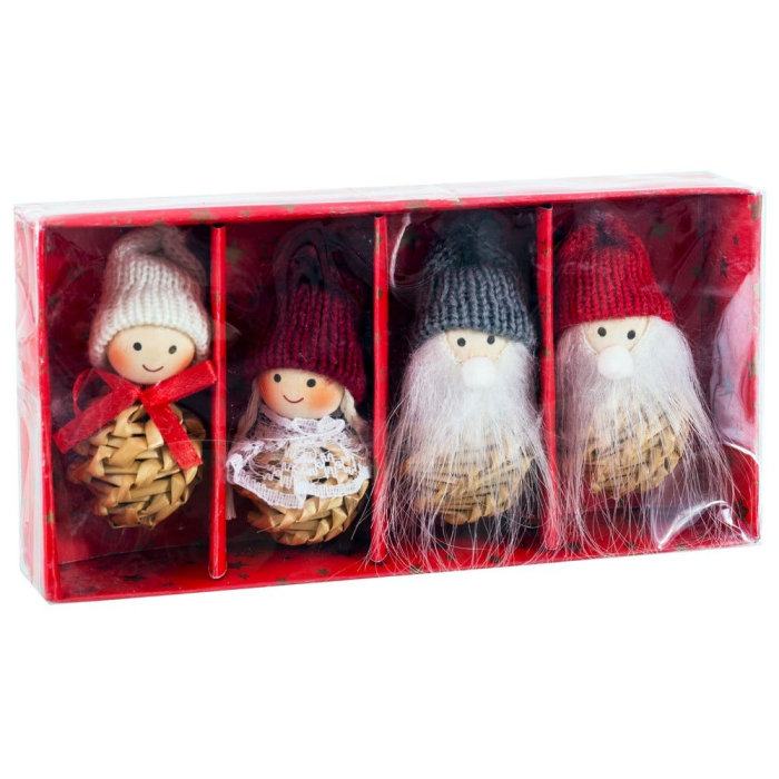 Set 4 spiriduși de Crăciun cu pălării tricotate roșii și gri și bărbi pufoase albe în cutie [2]