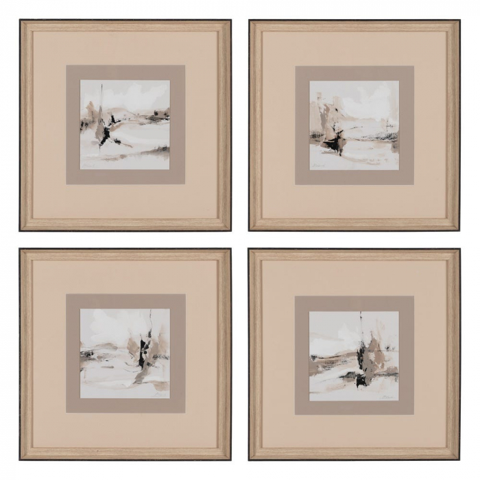 Set 4 tablouri japandi bej-crem pictate manual, sticlă și lemn ayous 40x40 cm [1]