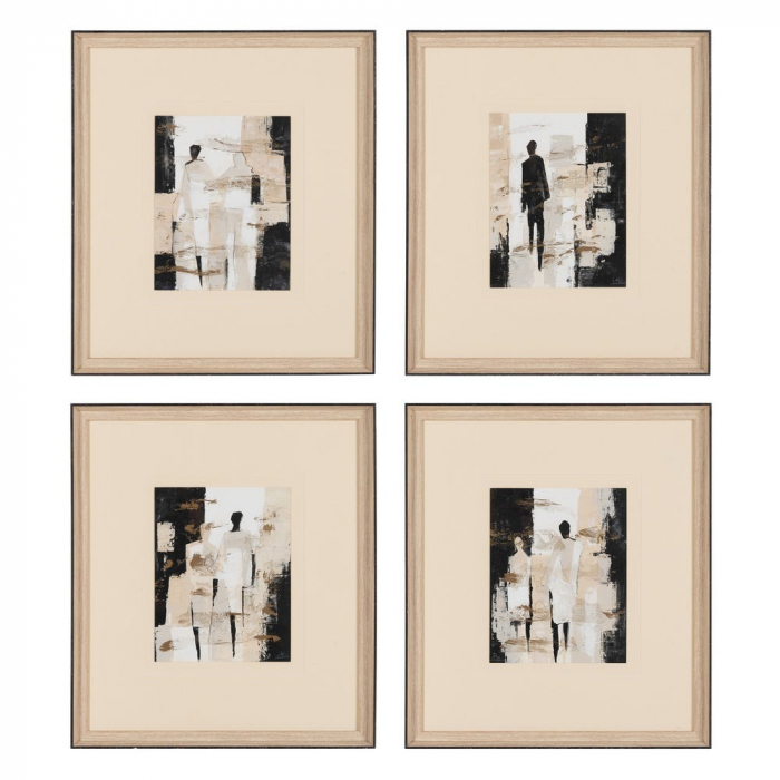 Set 4 tablouri verticale japandi bej-crem pictate manual, 44x50cm, lemn ayous și sticlă [1]