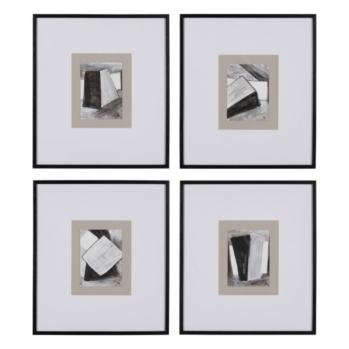 Set 4 tablouri moderne monocrome pictate manual, 44x50cm, sticlă și ramă neagră ayous [1]