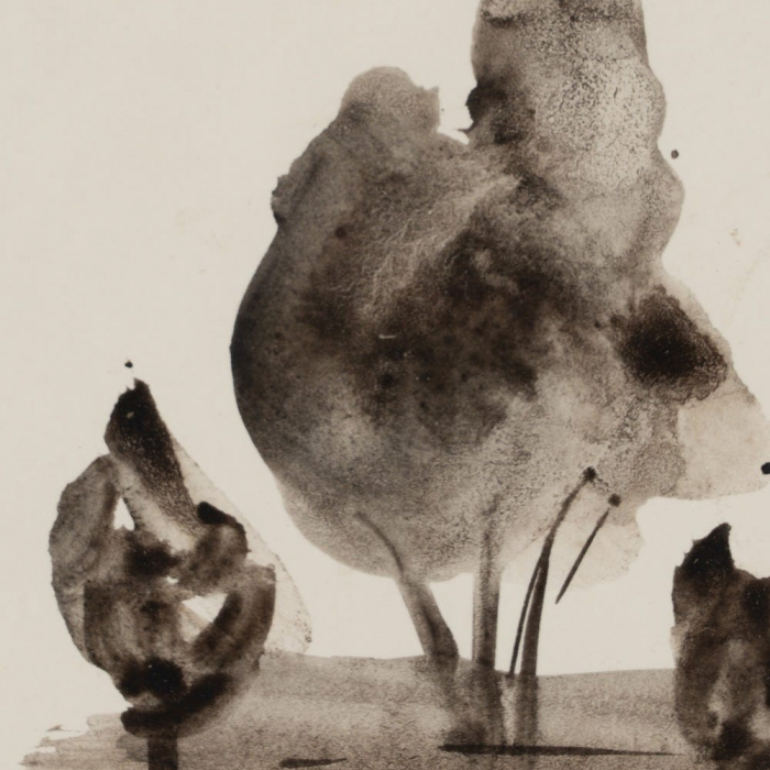 Set 4 tablouri japandi peisaj stilizat pictate manual, 50x44cm, sepia-negru, sticlă și lemn ayous [7]