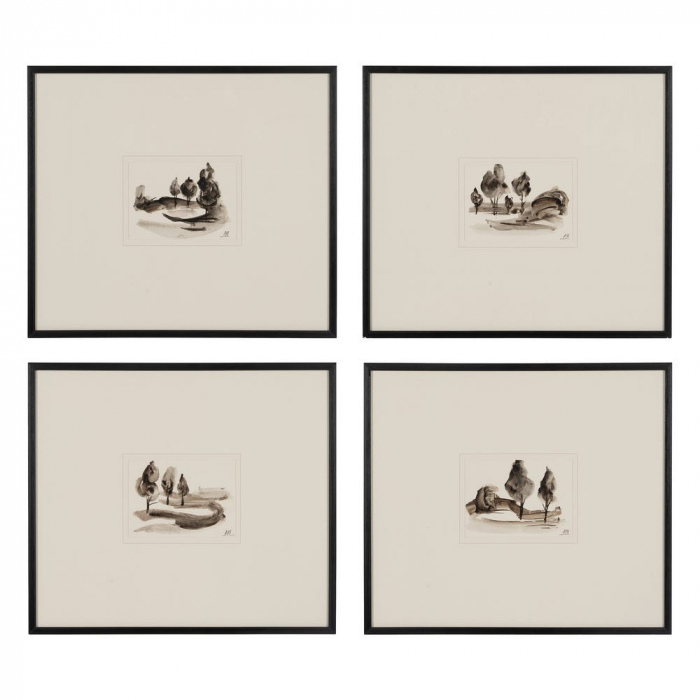 Set 4 tablouri japandi peisaj stilizat pictate manual, 50x44cm, sepia-negru, sticlă și lemn ayous [1]