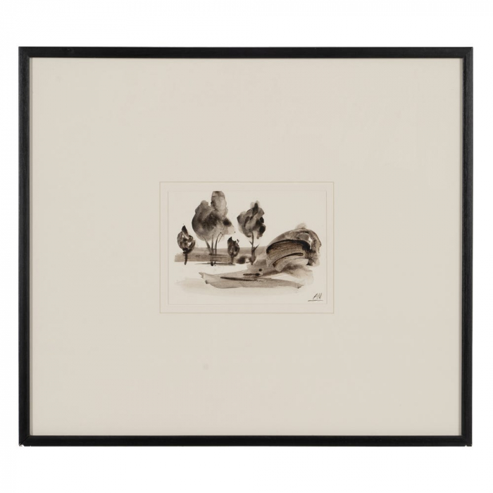 Set 4 tablouri japandi peisaj stilizat pictate manual, 50x44cm, sepia-negru, sticlă și lemn ayous [3]