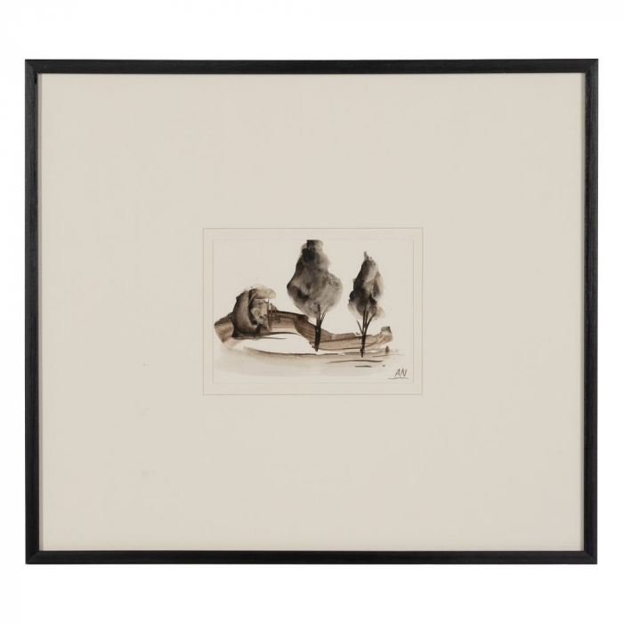 Set 4 tablouri japandi peisaj stilizat pictate manual, 50x44cm, sepia-negru, sticlă și lemn ayous [5]