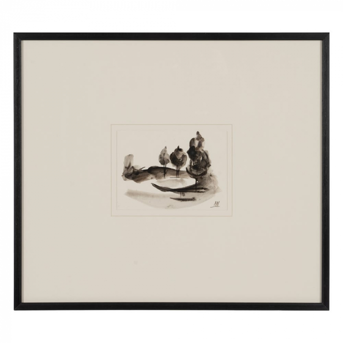 Set 4 tablouri japandi peisaj stilizat pictate manual, 50x44cm, sepia-negru, sticlă și lemn ayous [2]