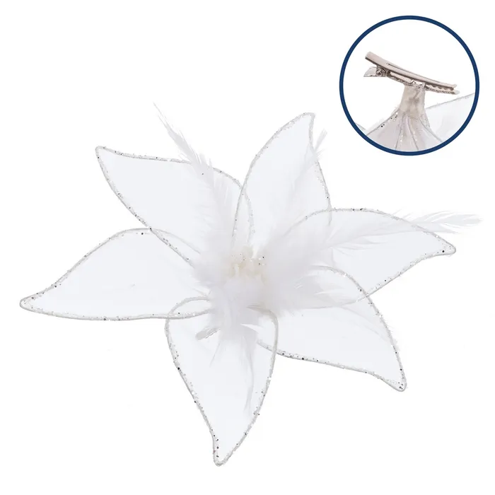 Flori Poinsettia Alb Cu Clip CreativDeco - Accesorii Craciun Lux [1]
