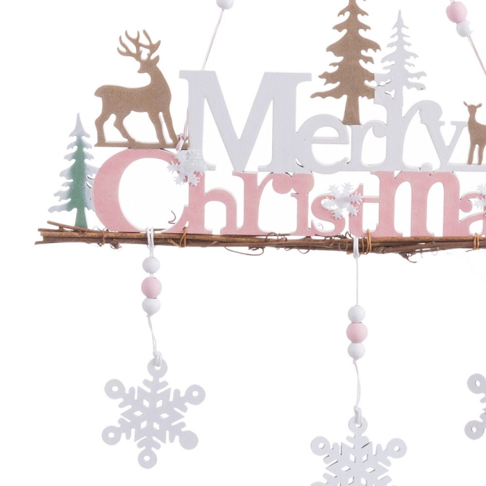 Set 6 ornamente Merry Christmas din lemn alb și roz cu reni brazi și fulgi de nea atârnați [2]