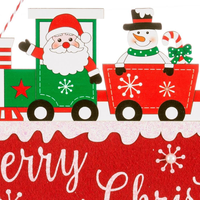 Set 6 ornamente tren cu Moș Crăciun om de zăpadă și ren din lemn deasupra urării Merry Christmas [2]