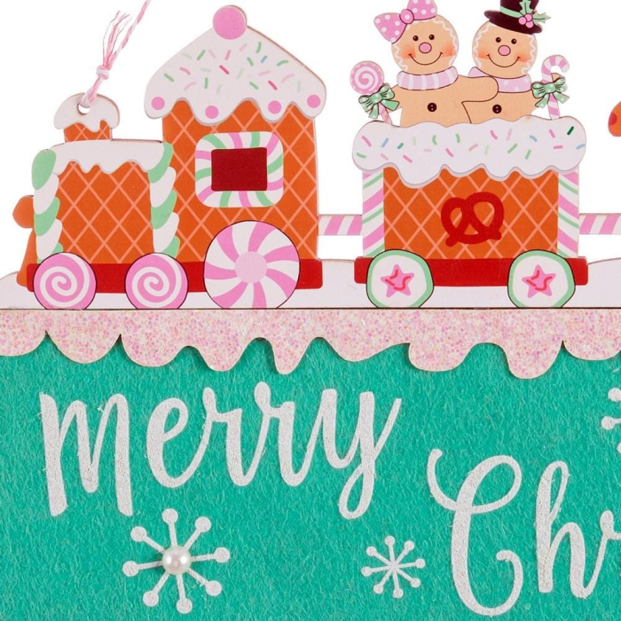 Set 6 ornamente tren de turtă dulce din lemn cu dulciuri deasupra unei plăci verde mentă Merry Christmas [2]