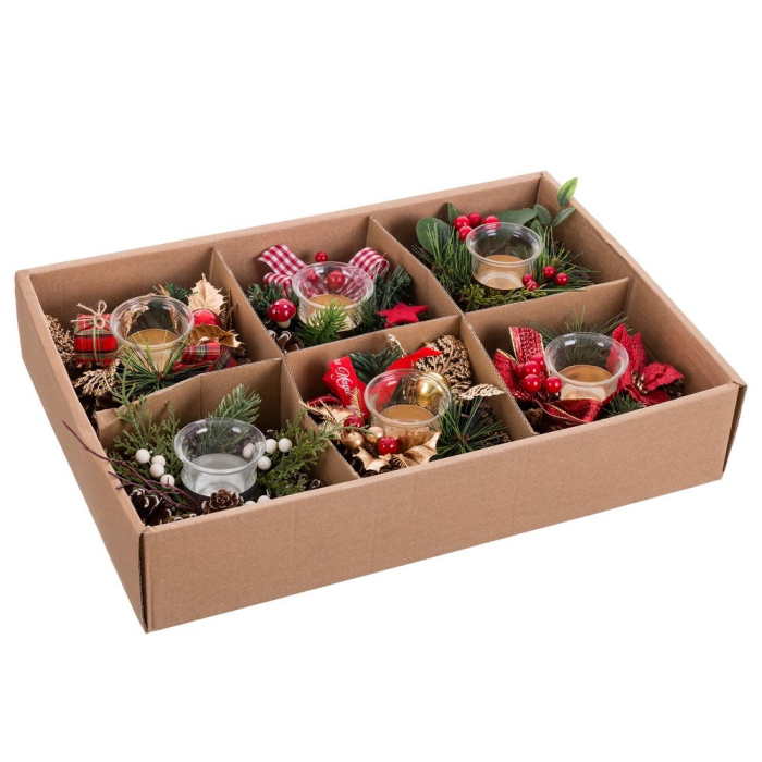 Set 6 suporturi pentru lumânări pastilă din coronițe cu pahar de sticlă conuri poinsettia și panglici [2]