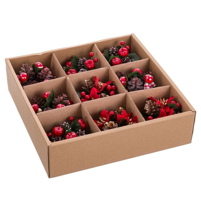 Set 9 suporturi mici cu fructe roșii poinsettia și fundițe în carouri pentru lumânări pastilă în cutie [2]