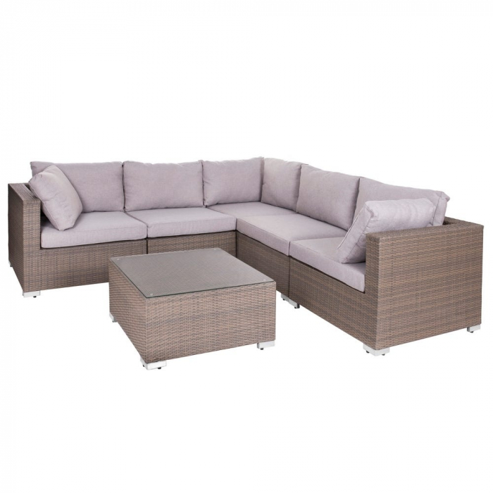 Set colțar MARLENE modular – ratan taupe, masă pătrată sticlă, perne groase [1]
