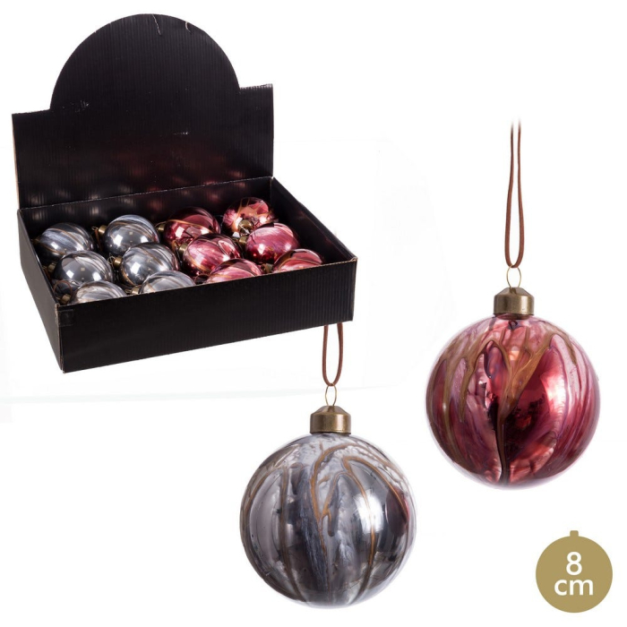 Set 12 globuri sticlă marmorat roșu și gri 8 cm Ixia [1]