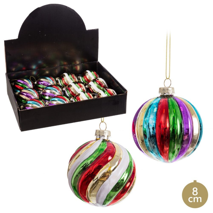 Set 12 globuri sticlă multicolore dungi spiralate 8 cm Ixia [1]