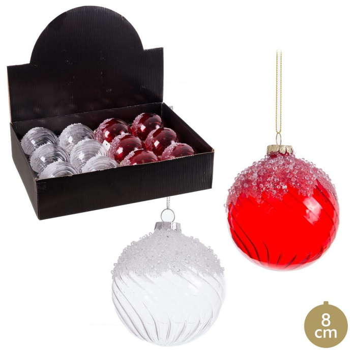 Set 12 globuri sticlă roșii și argintii efect de zăpadă 8 cm Ixia [1]