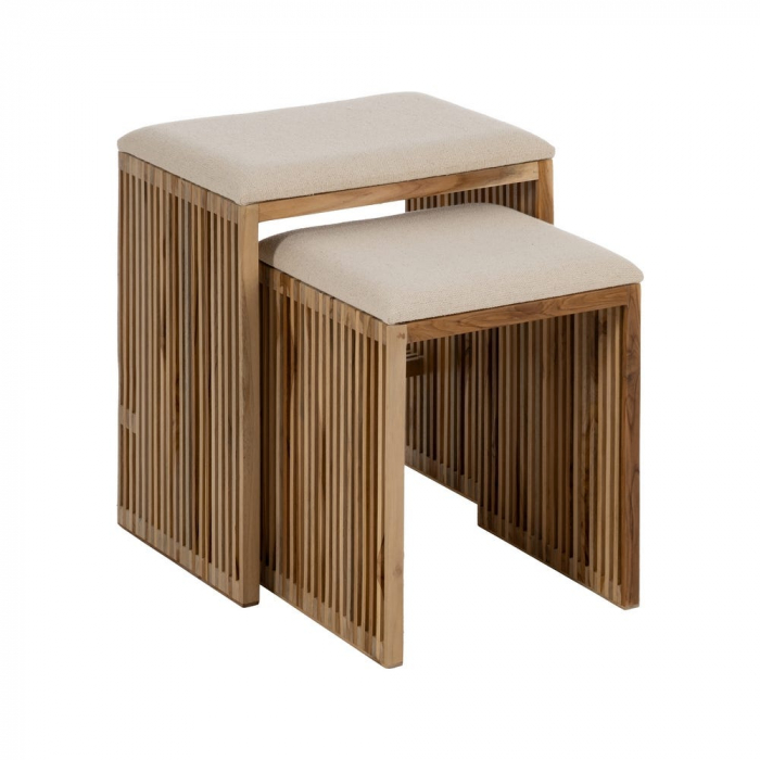 Băncuțe tec reciclat tapițerie bej japandi CreativDeco [2]