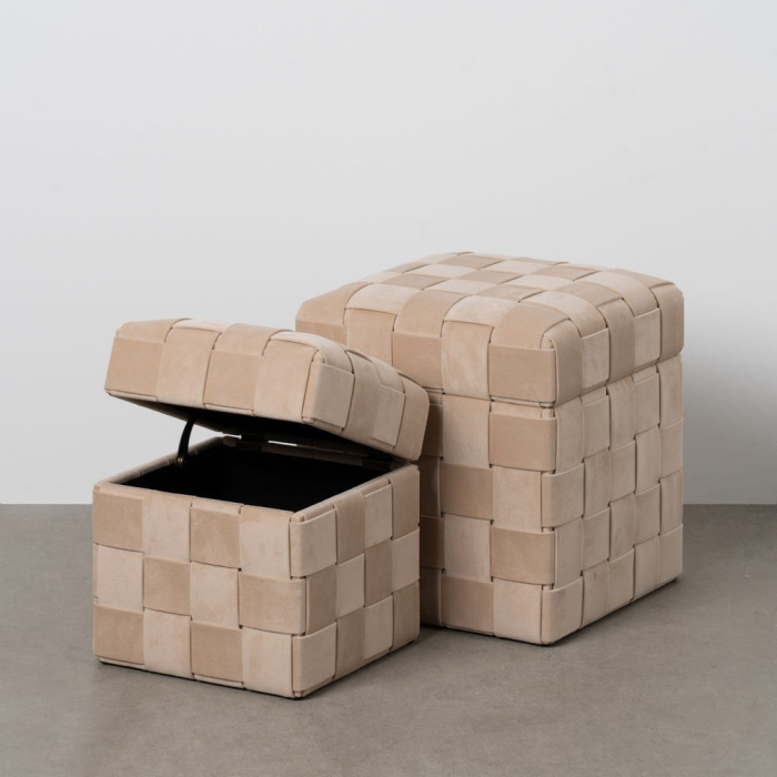 Set de 2 pufuri cu ladă bej din material textil cu structură MDF [2]