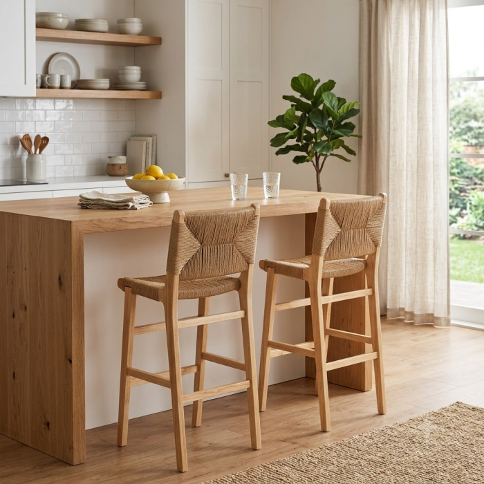 Scaune bar lemn natural cu împletitură din sfoară de hârtie – set 2 [2]