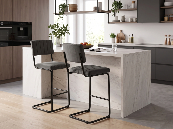 Scaun bar gri cu design industrial și cadru metalic negru [2]