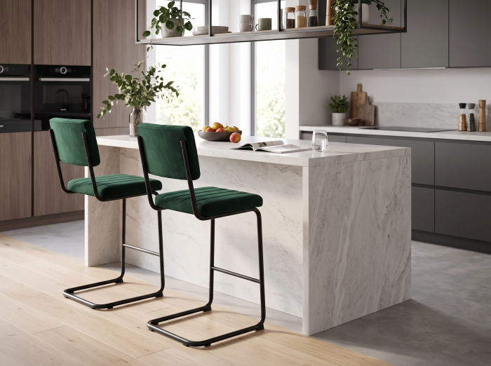Scaun bar verde cu tapițerie decorativă și cadru metalic negru – stil industrial contemporan [2]