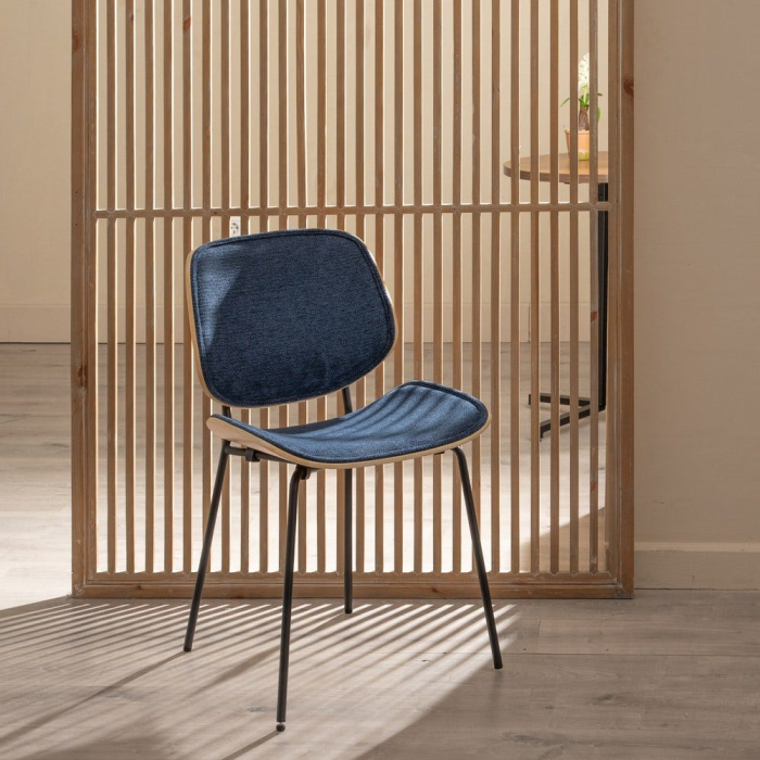 Set de 2 scaune dining albastru închis tapițate din stofă, MDF curbat și picioare metalice, 49×50×80 cm, stil scandi-modern [2]