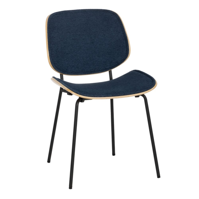Set de 2 scaune dining albastru închis tapițate din stofă, MDF curbat și picioare metalice, 49×50×80 cm, stil scandi-modern [3]