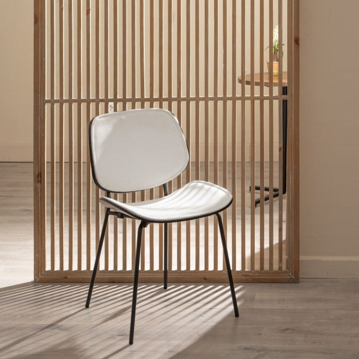 Set de 2 scaune dining birou alb din stofă, MDF curbat și picioare metalice negre, 49×50×80 cm, stil scandinav modern [2]