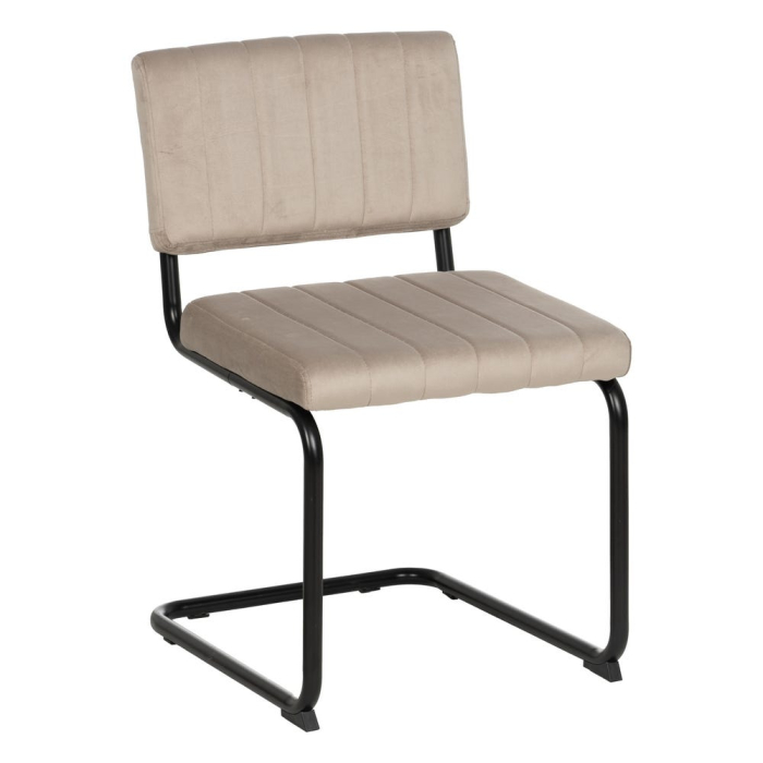 Set de 2 scaune dining bej tapițate din stofă, spătar curbat și cadru metalic negru, stil minimalist [3]