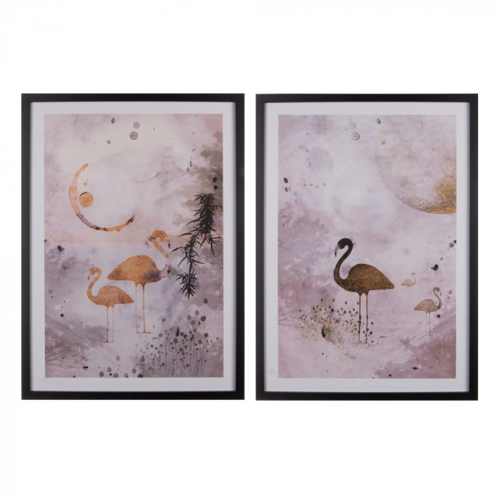 tablouri flamingo roz gri accente aurii rame negre 50x70cm [1]