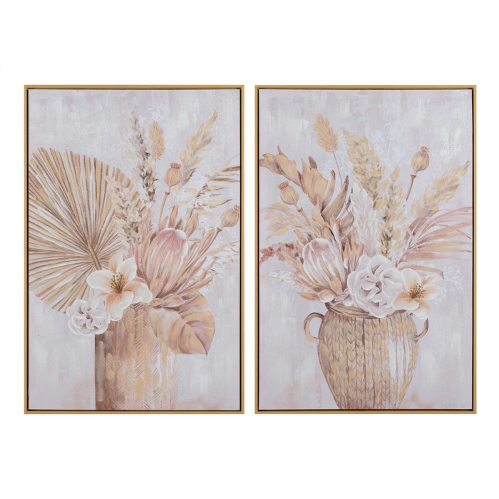 Set de 2 tablouri florale verticale roz pastel pictate manual, rame aurii [1]
