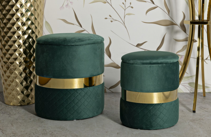 Taburet depozitare modern verde catifea cu detaliu auriu, model Sheffield [8]