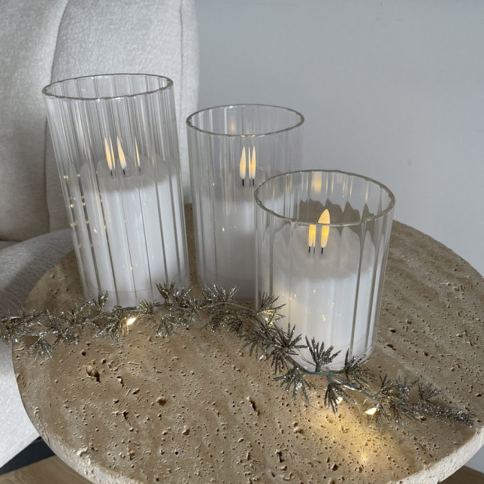 Set de 3 lumânări LED în suport din sticlă striată alb cu telecomandă 8 x 10 8 x 12.5 8 x 15 cm [2]