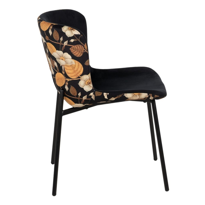 Set de 4 scaune dining negru floral cu brațe din stofă, velur negru față, spate floral, cadru metalic negru, 59×51×82 cm [3]