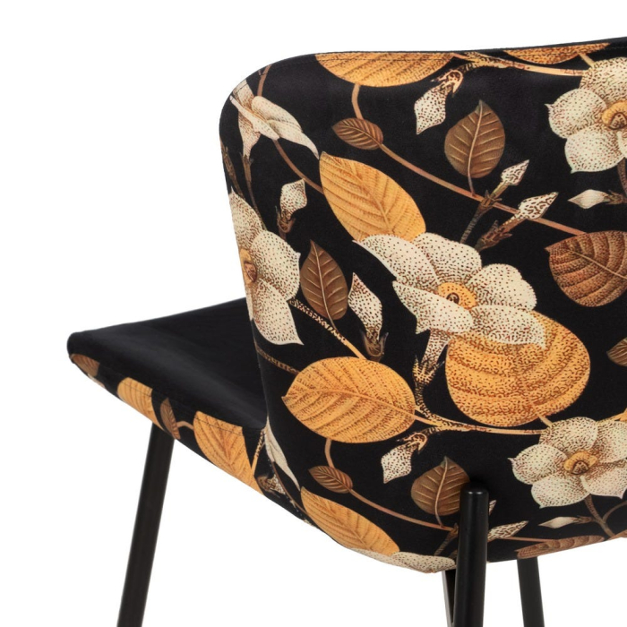 Set de 4 scaune dining negru floral cu brațe din stofă, velur negru față, spate floral, cadru metalic negru, 59×51×82 cm [11]