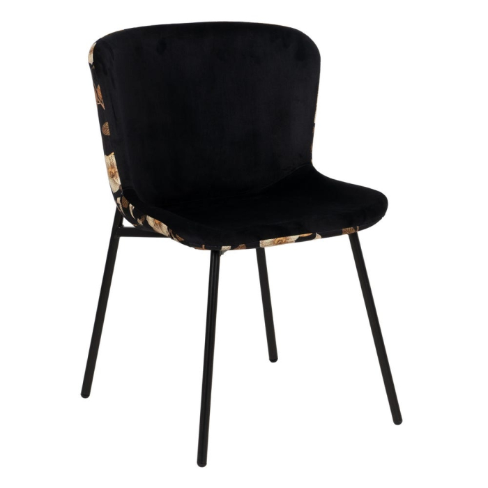 Set de 4 scaune dining negru floral cu brațe din stofă, velur negru față, spate floral, cadru metalic negru, 59×51×82 cm [2]