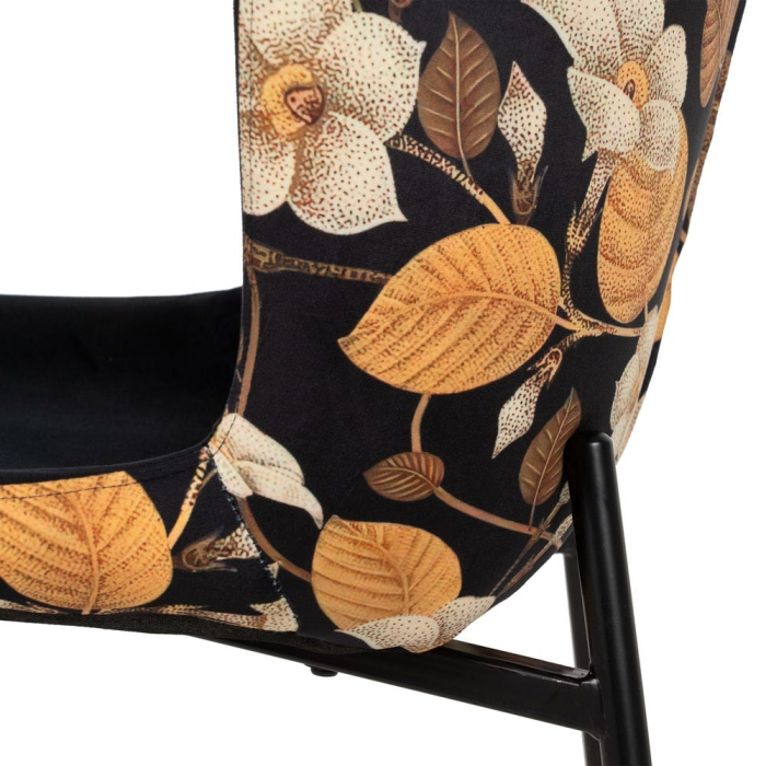 Set de 4 scaune dining negru floral cu brațe din stofă, velur negru față, spate floral, cadru metalic negru, 59×51×82 cm [9]