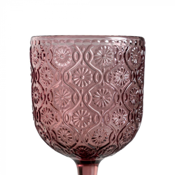 Set de 6 pahare de vin roz din sticlă cu model floral embosat 340 ml [2]