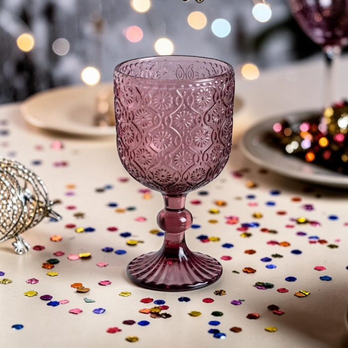 Set de 6 pahare de vin roz din sticlă cu model floral embosat 340 ml [2]