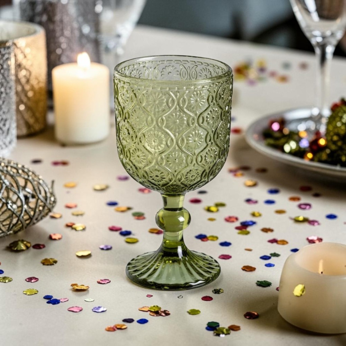 Set de 6 pahare de vin verzi din sticlă cu model floral embosat 340 ml [2]