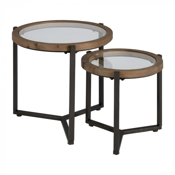 Set masute rotunde lemn brad sticla si metal, stil nordic industrial [2]