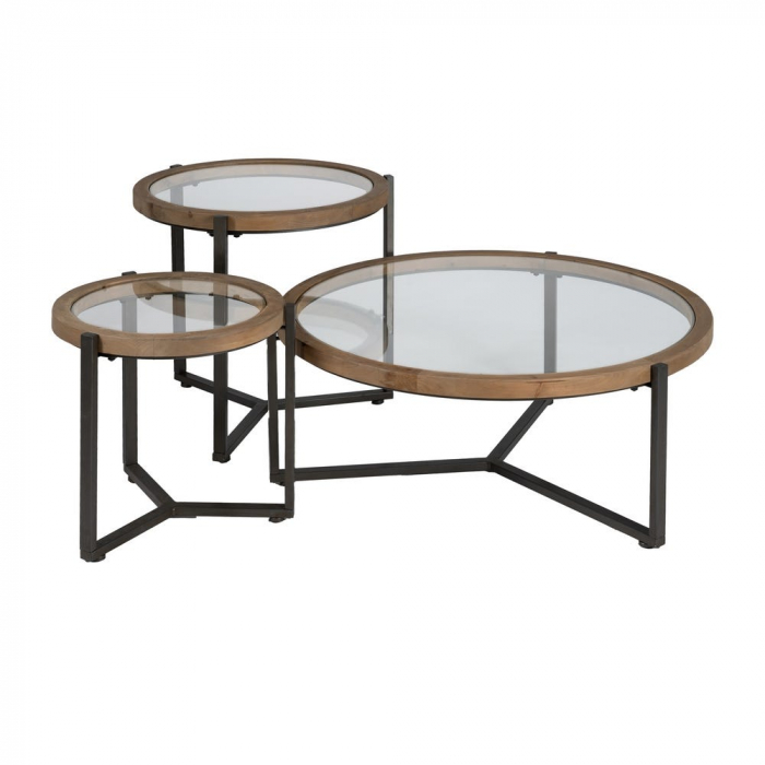 Set masute rotunde lemn brad sticla si metal, stil nordic industrial [3]