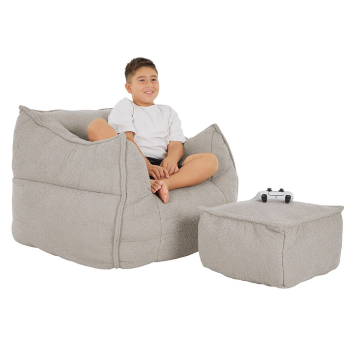 Set fotoliu cu taburet din stofă chenille crem [3]