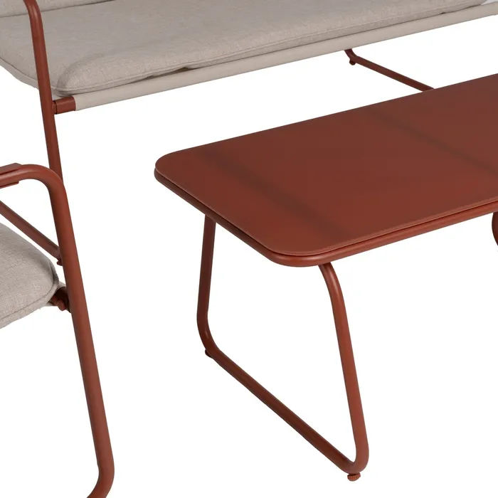 Set mobilier de grădină cu structură cărămizie din oțel, blat de sticlă și perne bej din olefină pentru terasă și exterior [5]