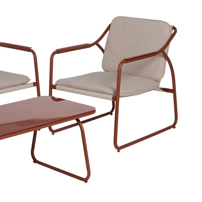 Set mobilier de grădină cu structură cărămizie din oțel, blat de sticlă și perne bej din olefină pentru terasă și exterior [4]