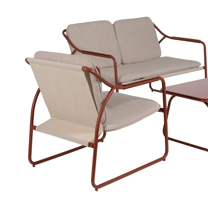 Set mobilier de grădină cu structură cărămizie din oțel, blat de sticlă și perne bej din olefină pentru terasă și exterior [3]
