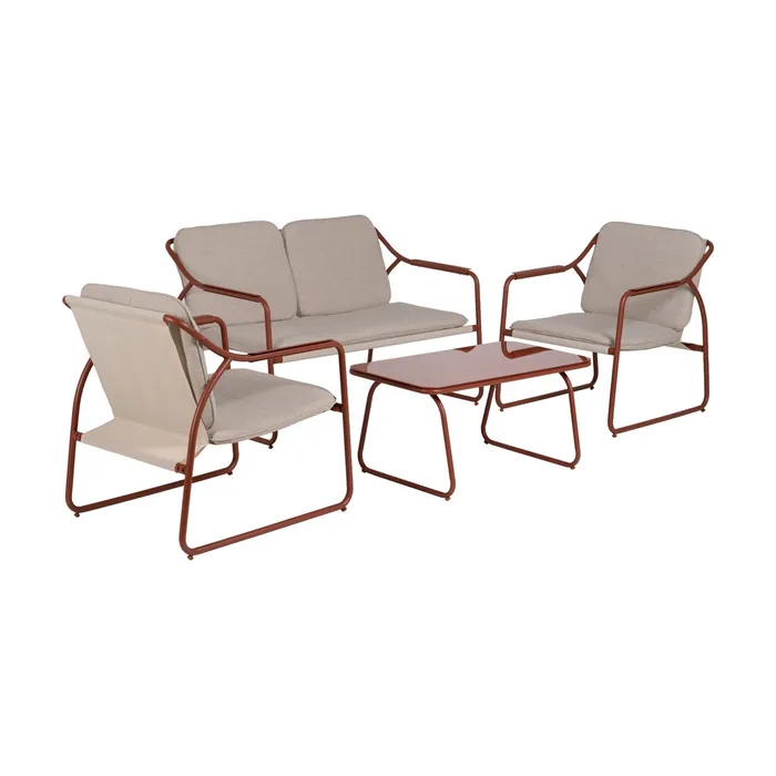 Set mobilier de grădină cu structură cărămizie din oțel, blat de sticlă și perne bej din olefină pentru terasă și exterior [2]