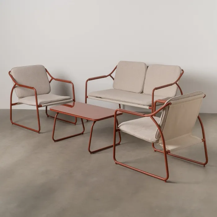 Set mobilier de grădină cu structură cărămizie din oțel, blat de sticlă și perne bej din olefină pentru terasă și exterior [1]